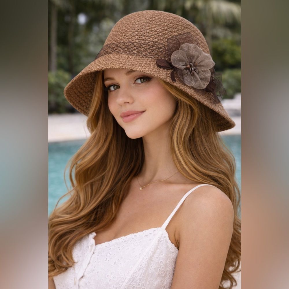 🤎 Soft Brown Floral Accent Hat – Elegant & Feminine 🤎